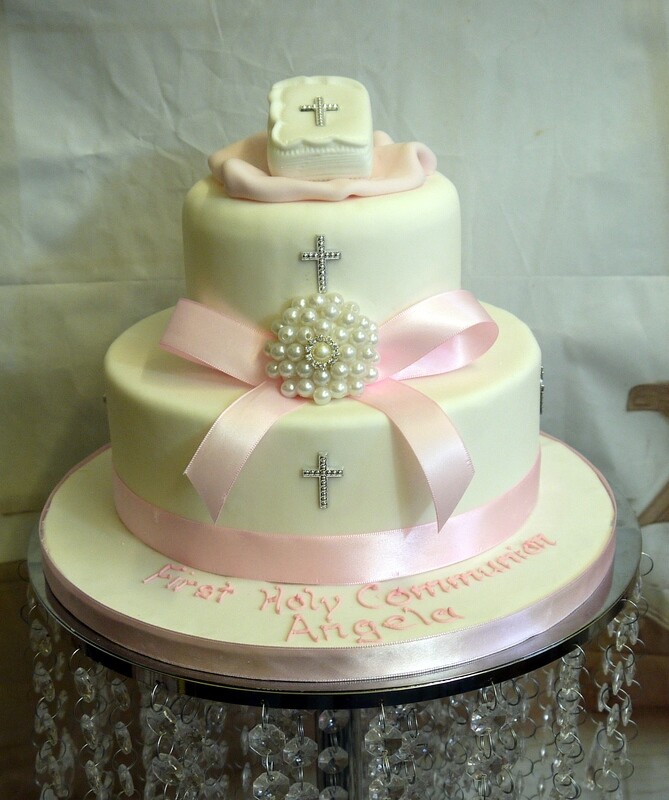 2 tier communion cake with ribbon bow