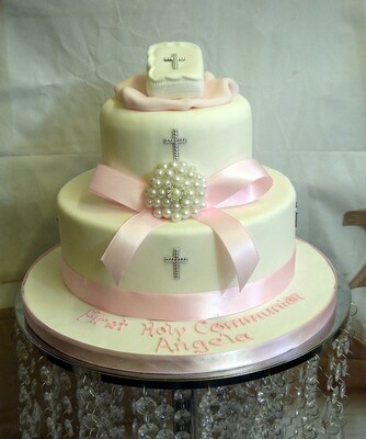 2 tier communion cake with ribbon bow
