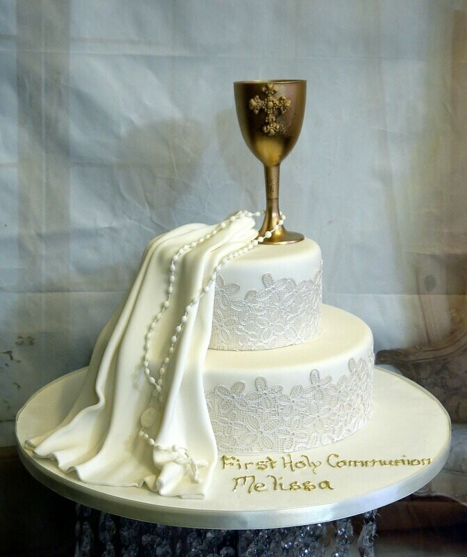 2 tier communion cake with lace and chalice