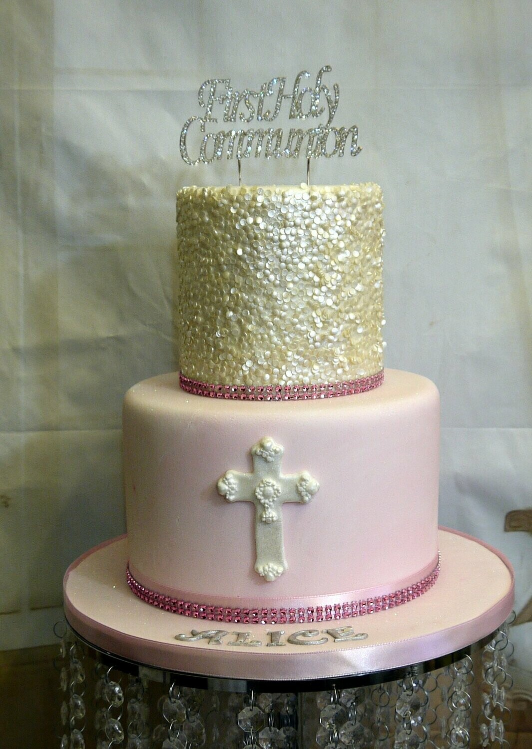 2 tier Communion cake with diamante topper