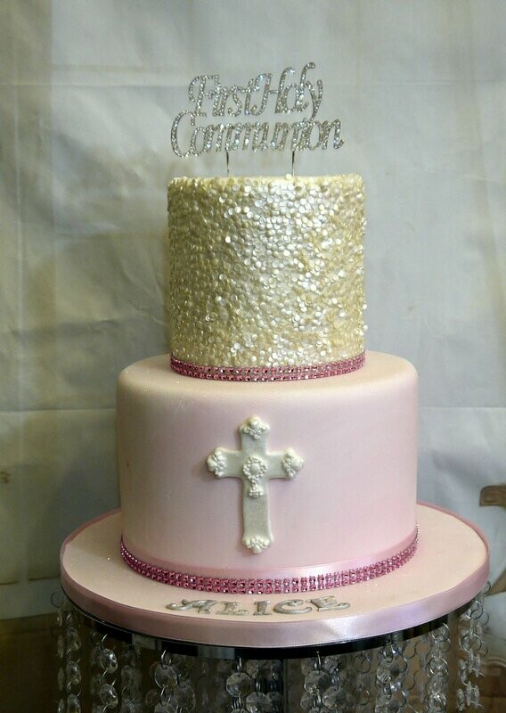 2 tier Communion cake with diamante topper
