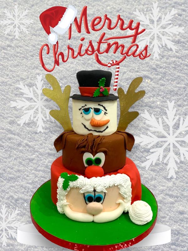 3 tier Christmas Cake with santa. Rudolph and Snowman