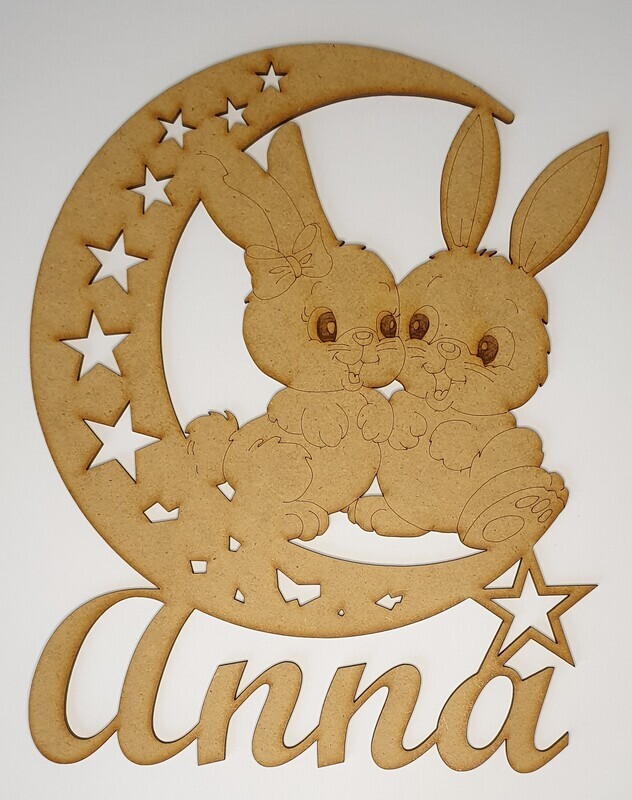 Lapins câlins sur la lune avec prénom personnalisé
