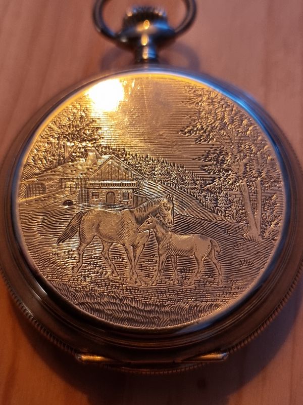 Taschenuhr, Silber, Pferdemotiv