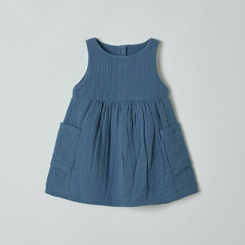 Sommerkleid Muslin mit Taschen Indigo