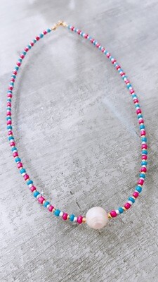 Summer Glass Bead Necklace with Mini Baroque Pearl