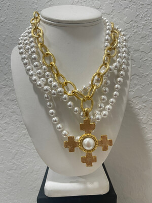 Gold Cross Necklace on 4 Roll Genuine Pearl Necklace
