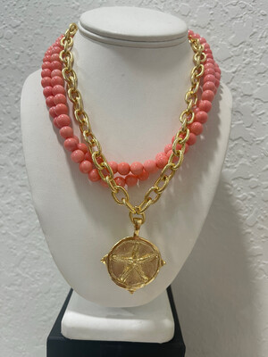 Gold Starfish with Pink Coral Necklace
