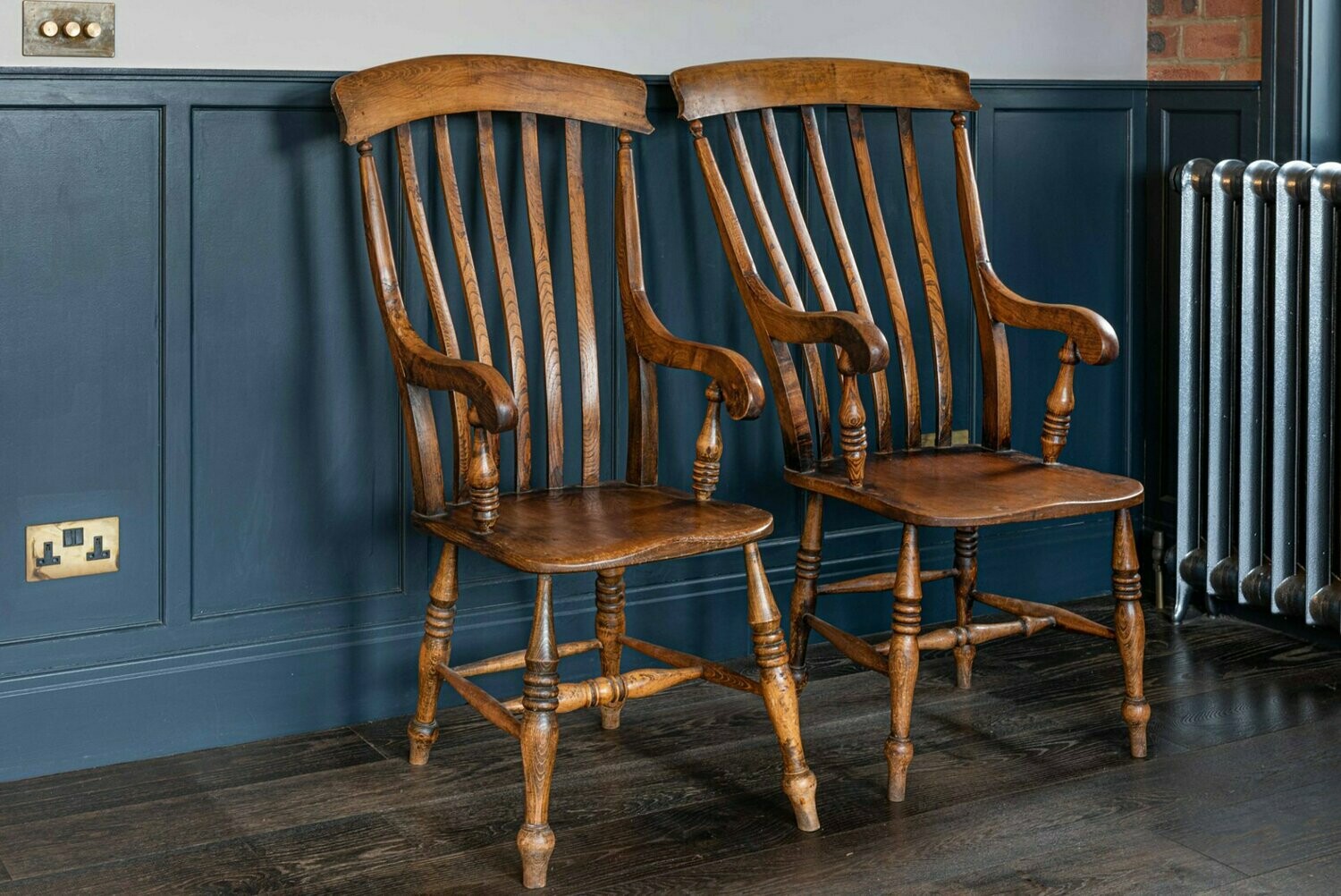 Pair of Beech and Elm Slat Back Carver Chairs
