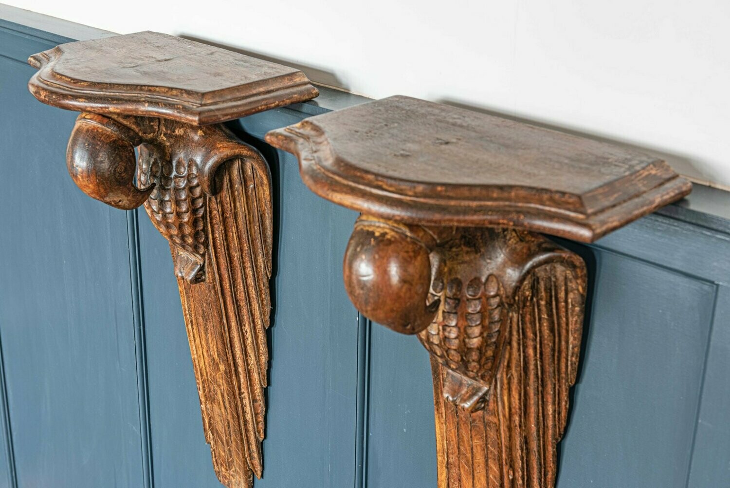 Pair of French 1920's Hand Carved Parrot Wall Shelves