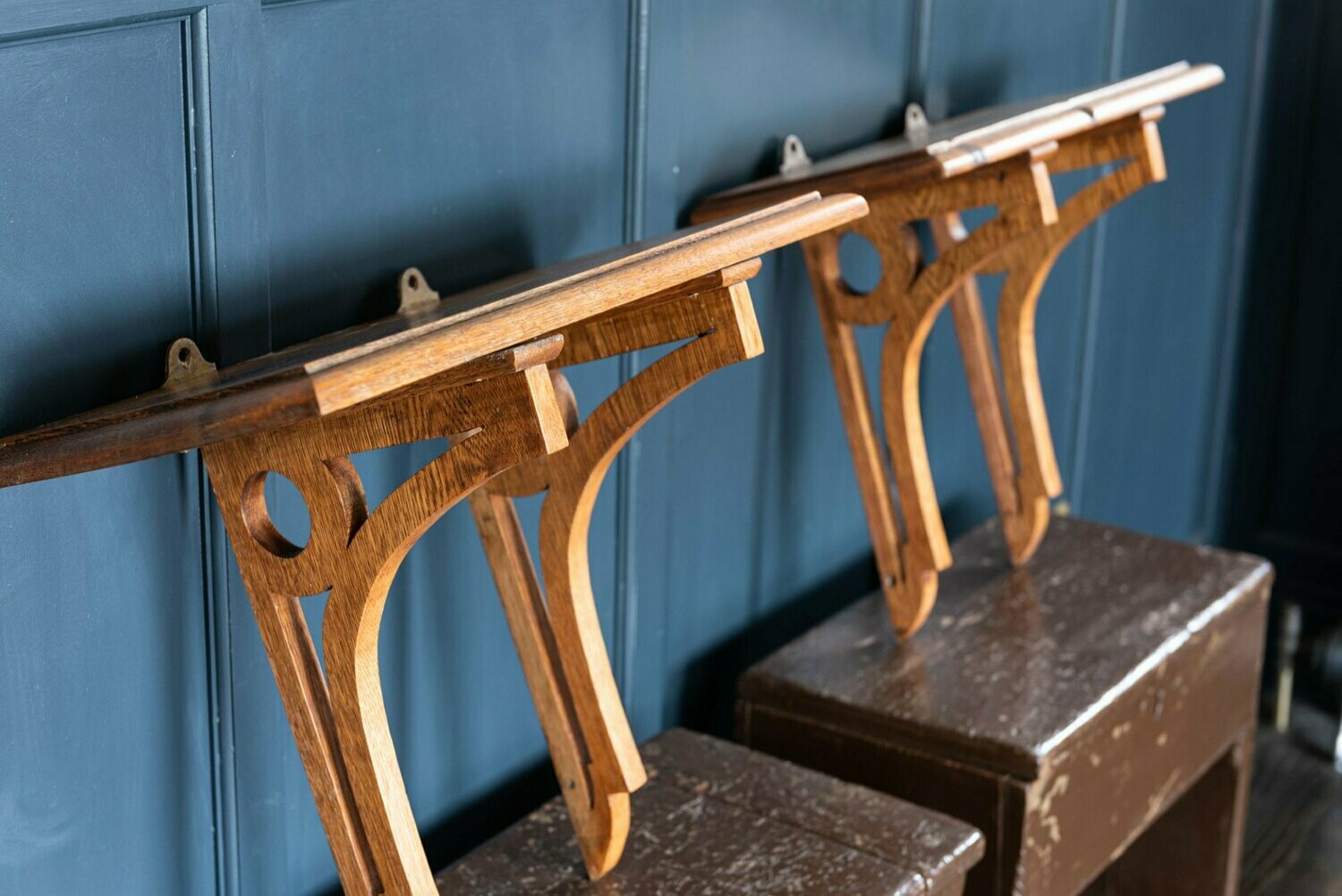 Large Pair of Oak Chapel Wall Shelves