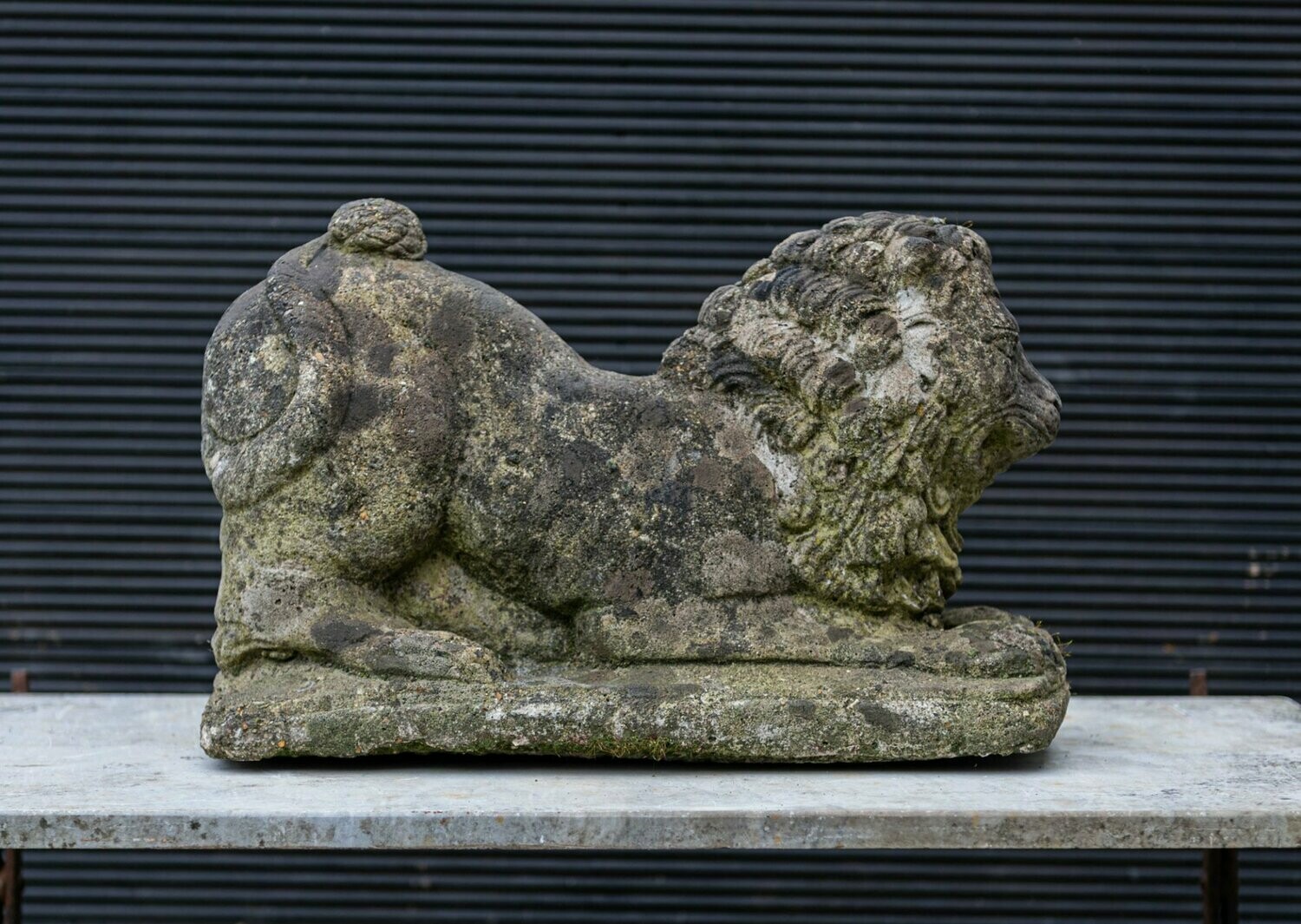 English Cast Stone Recumbent Lion on Plinth
