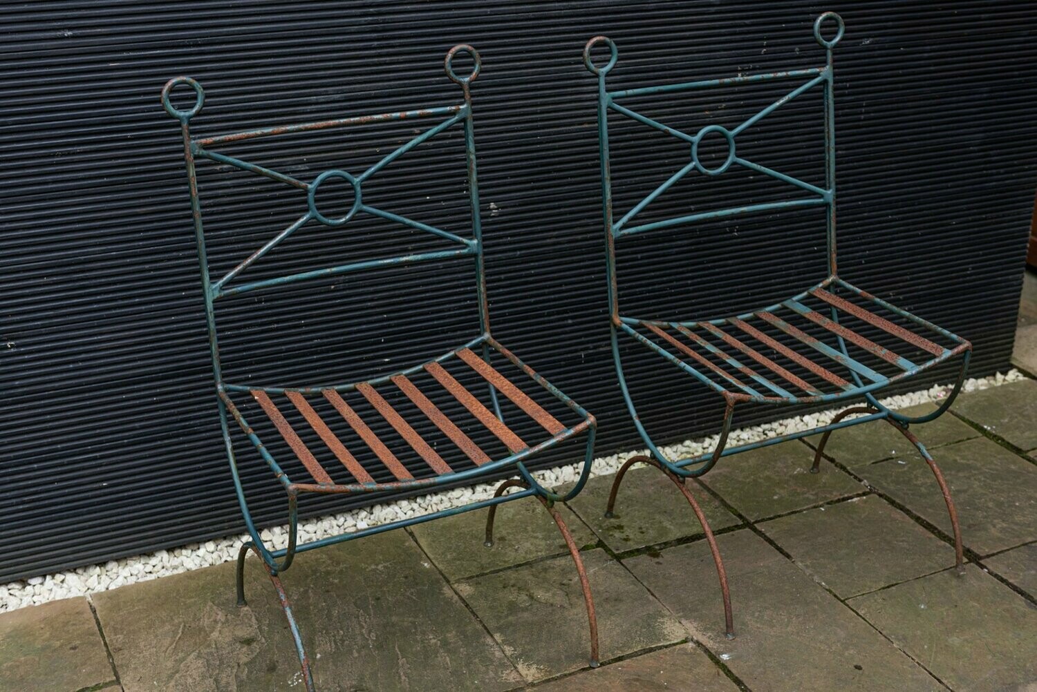 Pair of Iron Strapped Garden Chairs