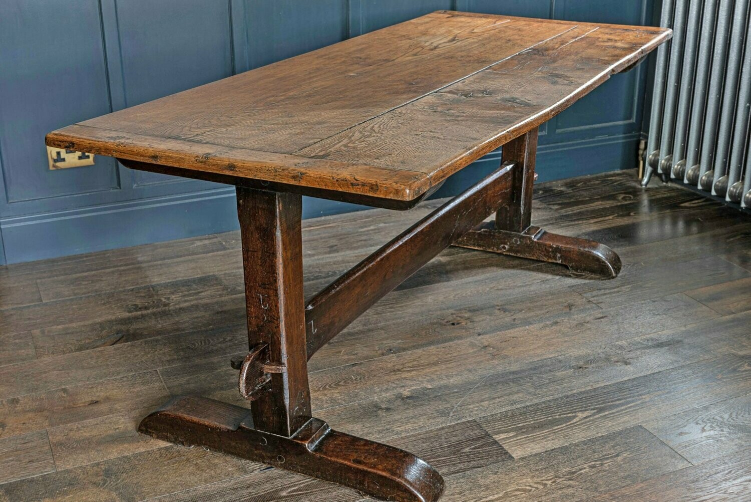 French 2 Plank Oak Trestle Table