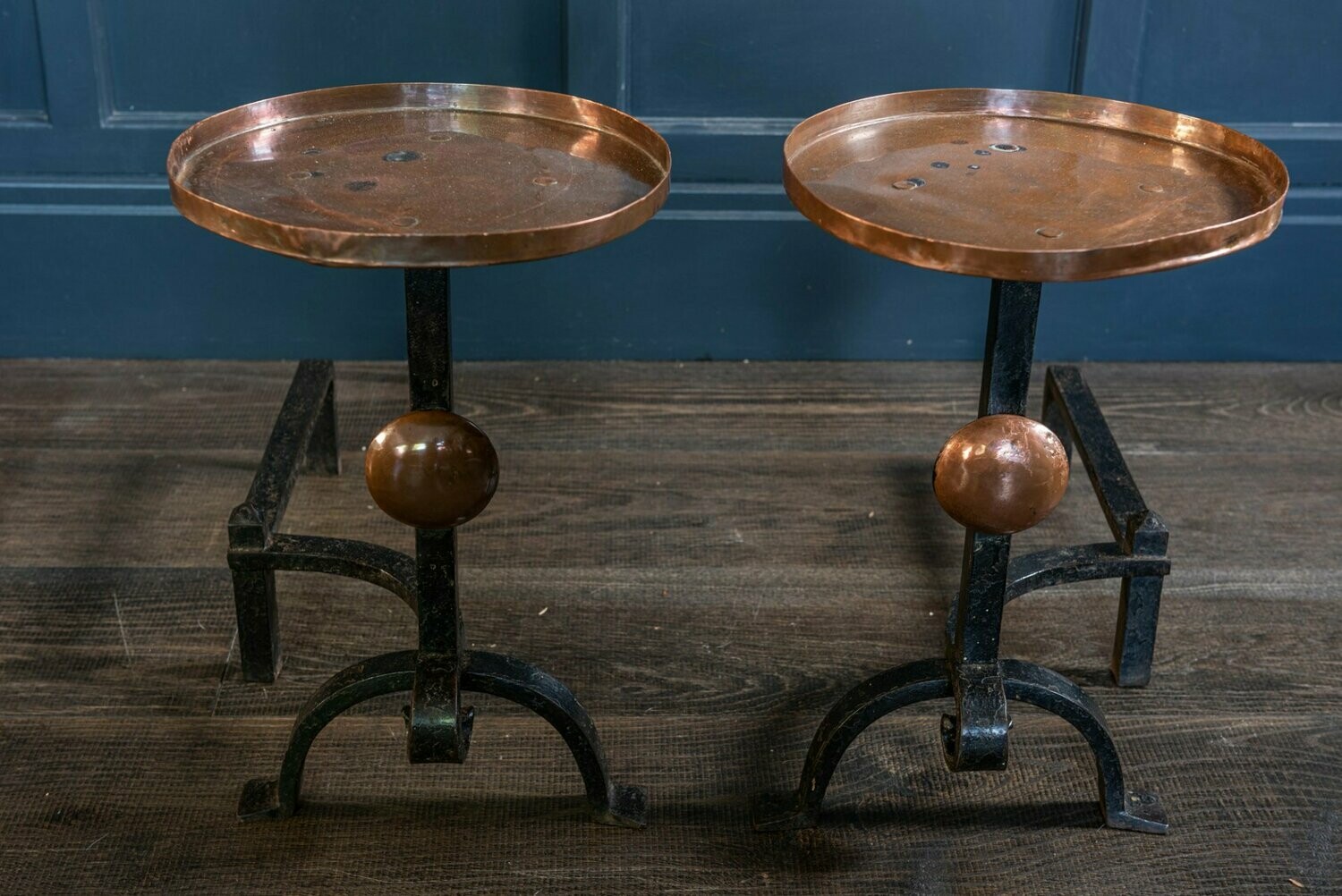 Pair of Arts & Craft Fire Dogs with Wine Warmers