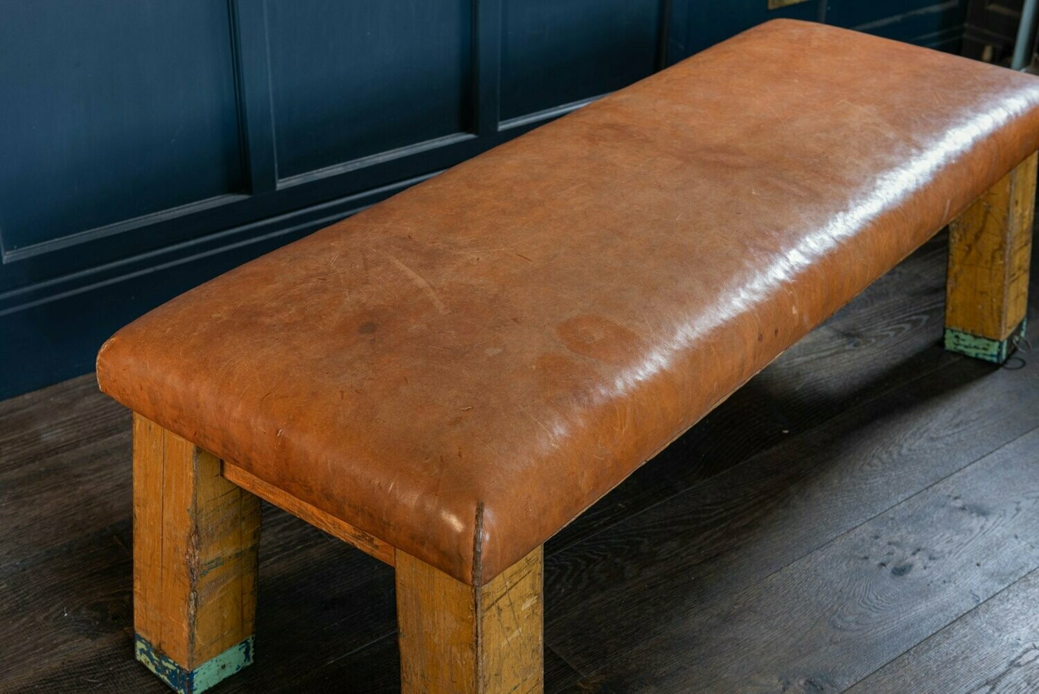 English Beech Vaulting bench/coffee table in Cognac leather