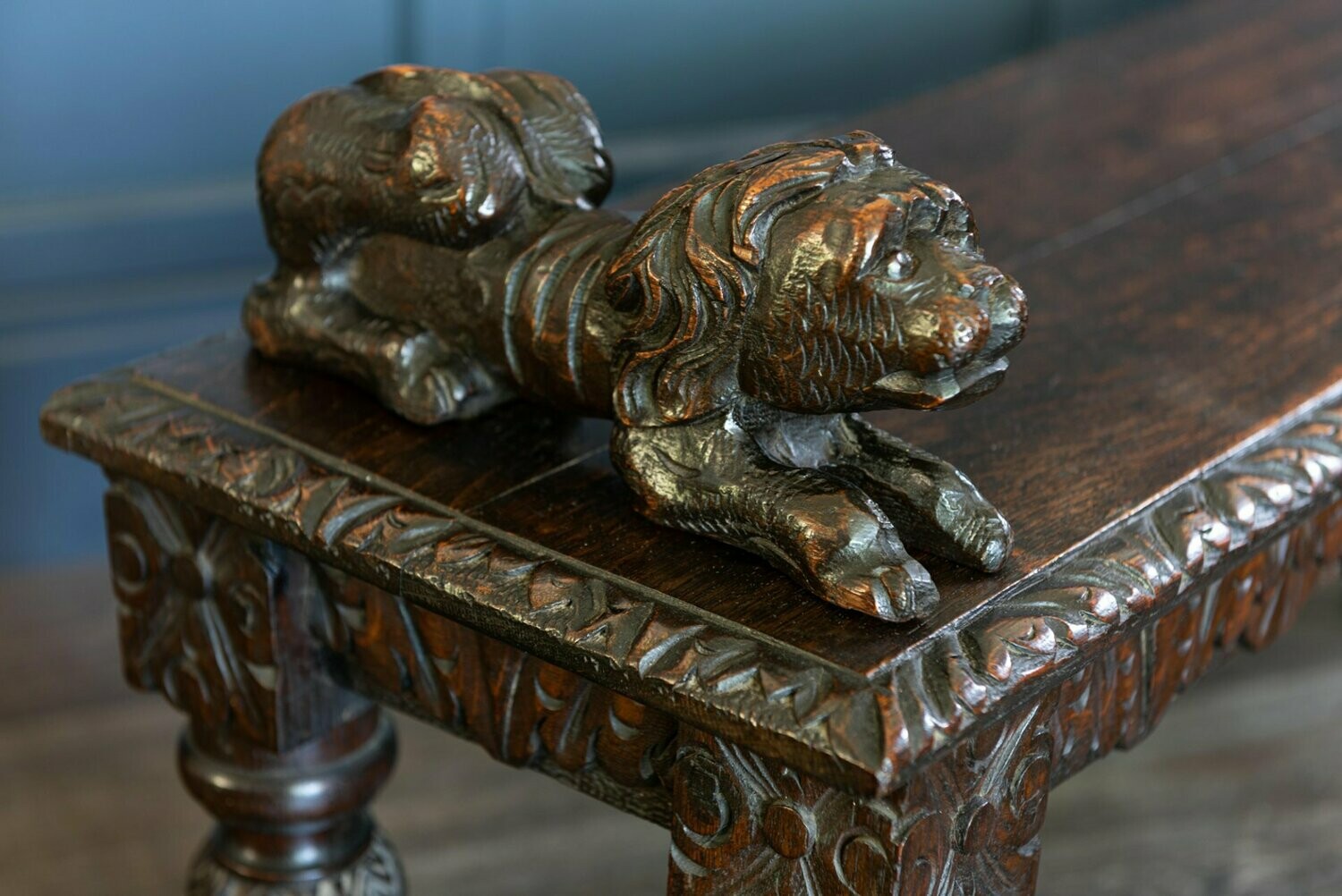 English Oak Hand carved bench settle with Recumbent carved lions