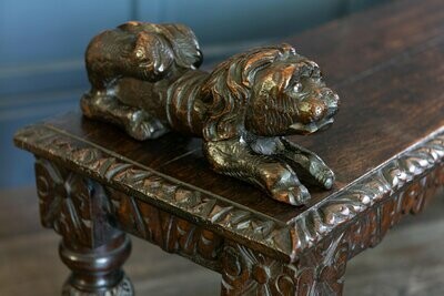 English Oak Hand carved bench settle with Recumbent carved lions