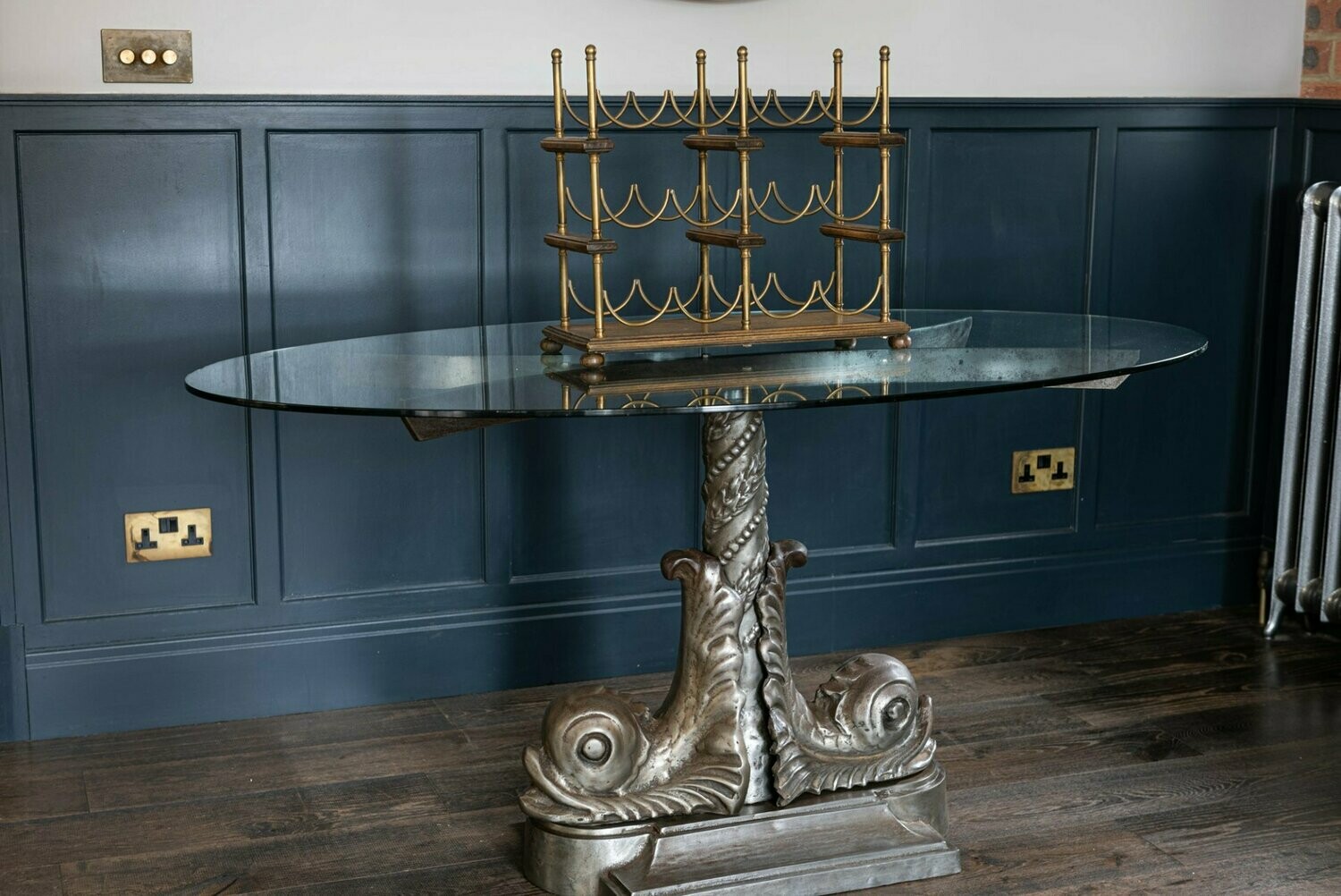 English Mid-19th Century Brass and Mahogany Table Top Wine Rack