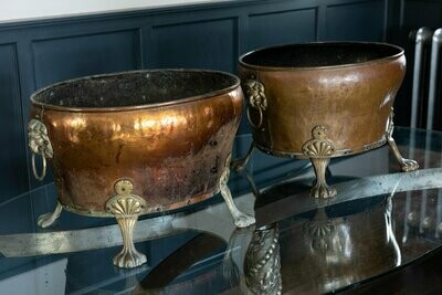 Pair of English Late 19th Century Copper & Brass Lion Paw Coal Buckets/Planters