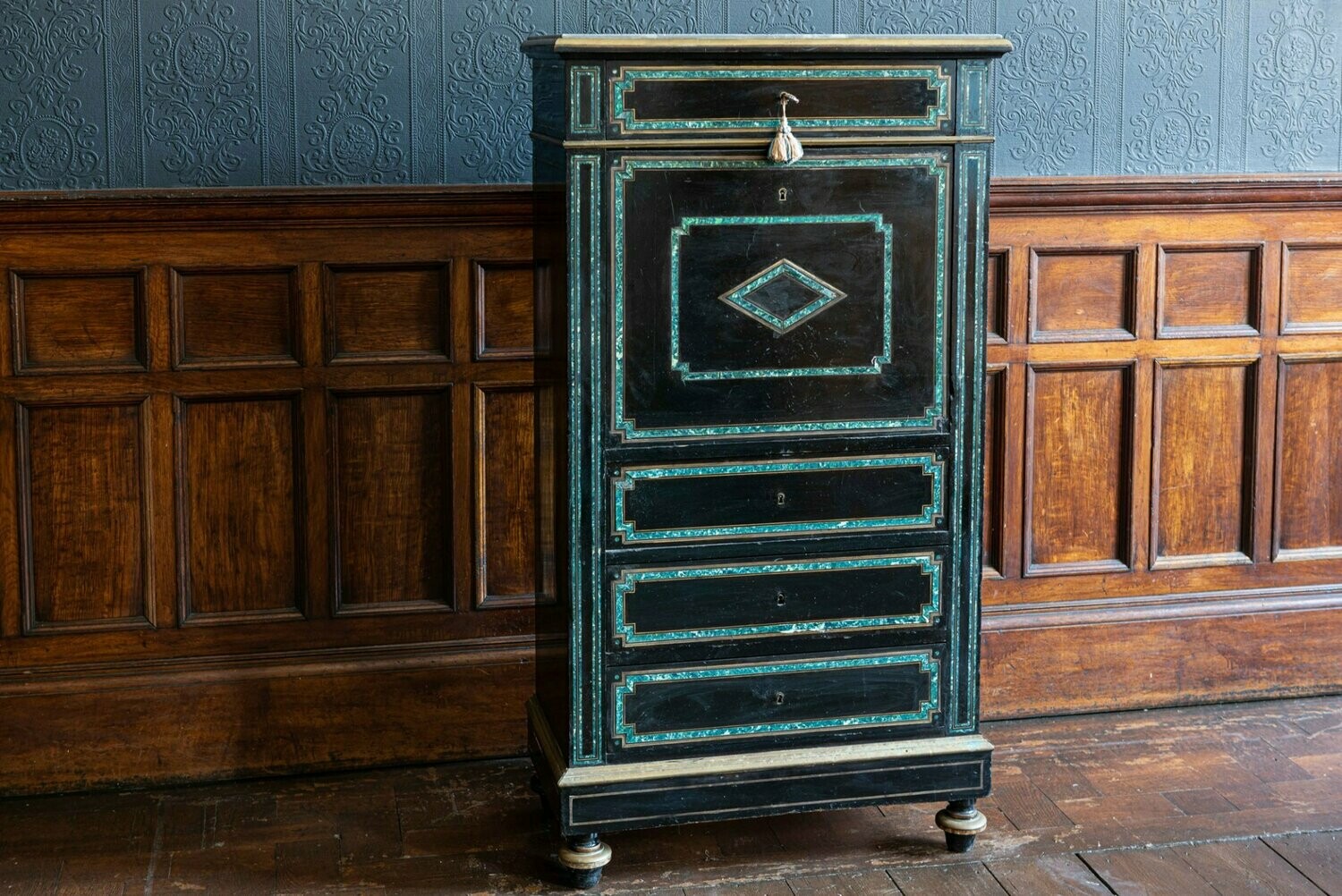 French Napoleon III Ebonized Secretaire with Inlaid Brass. Circa 1860