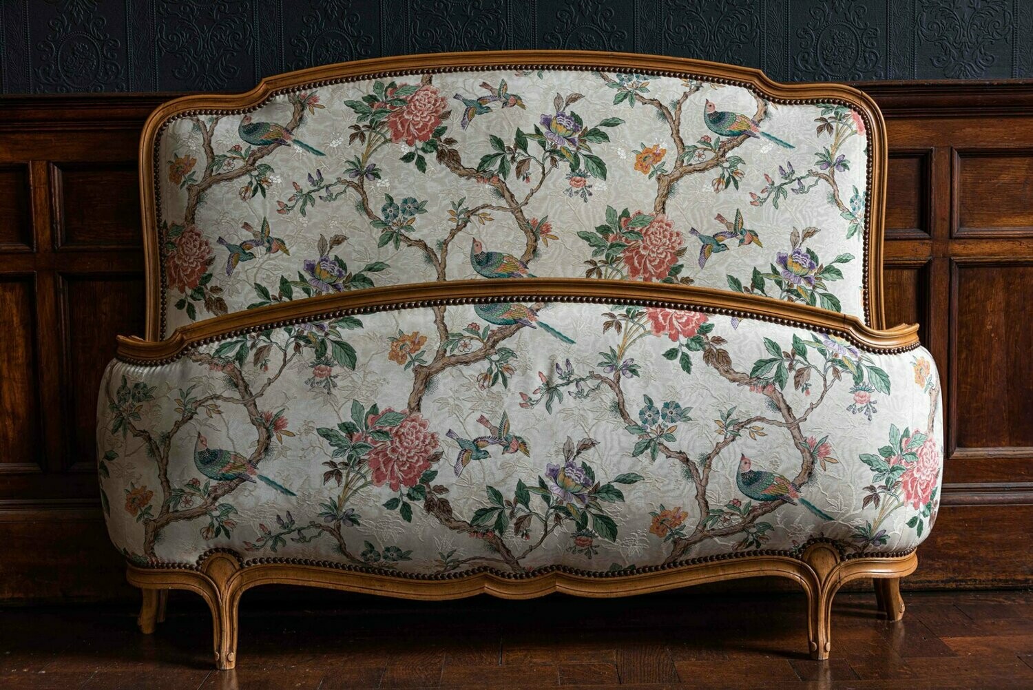 1930's French Demi Corbeille Double Bed with Decorative Upholstery