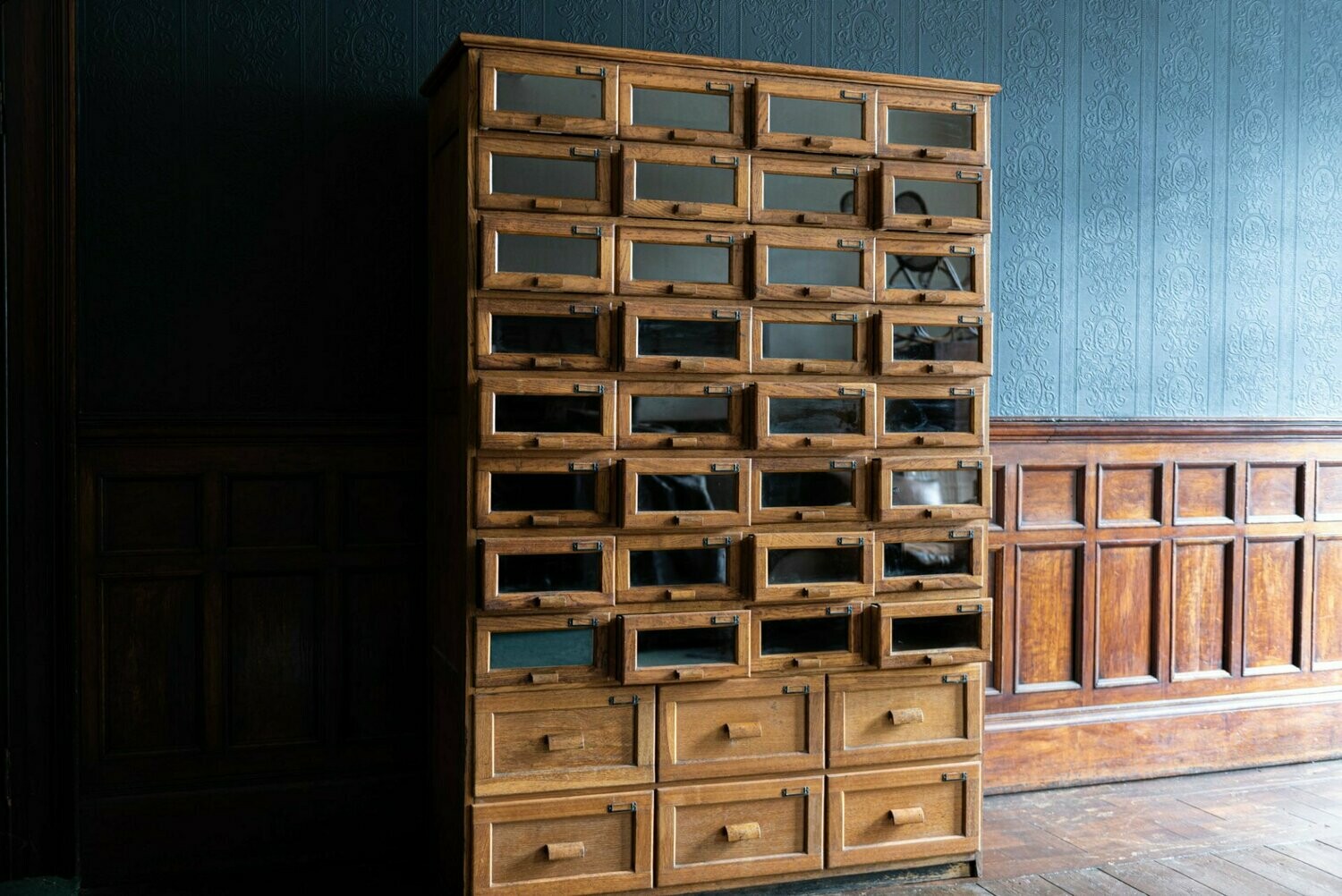 1920's English Oak Double Haberdashery Cabinet with Glass & Oak fronted Drawers