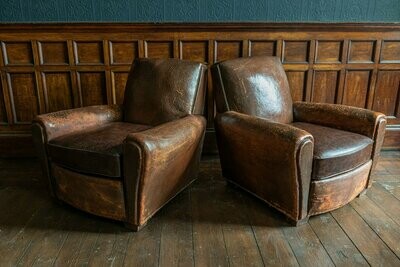Pair of French Cigar Brown Leather Club Chairs. Circa 1940