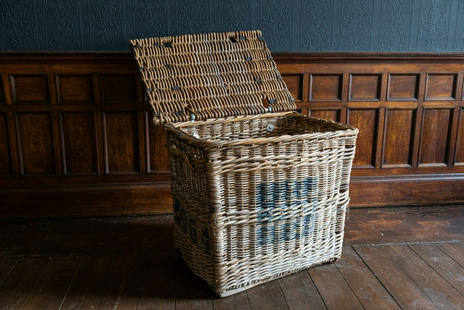 Oversized Industrial Wicker Mill Cart on Runners