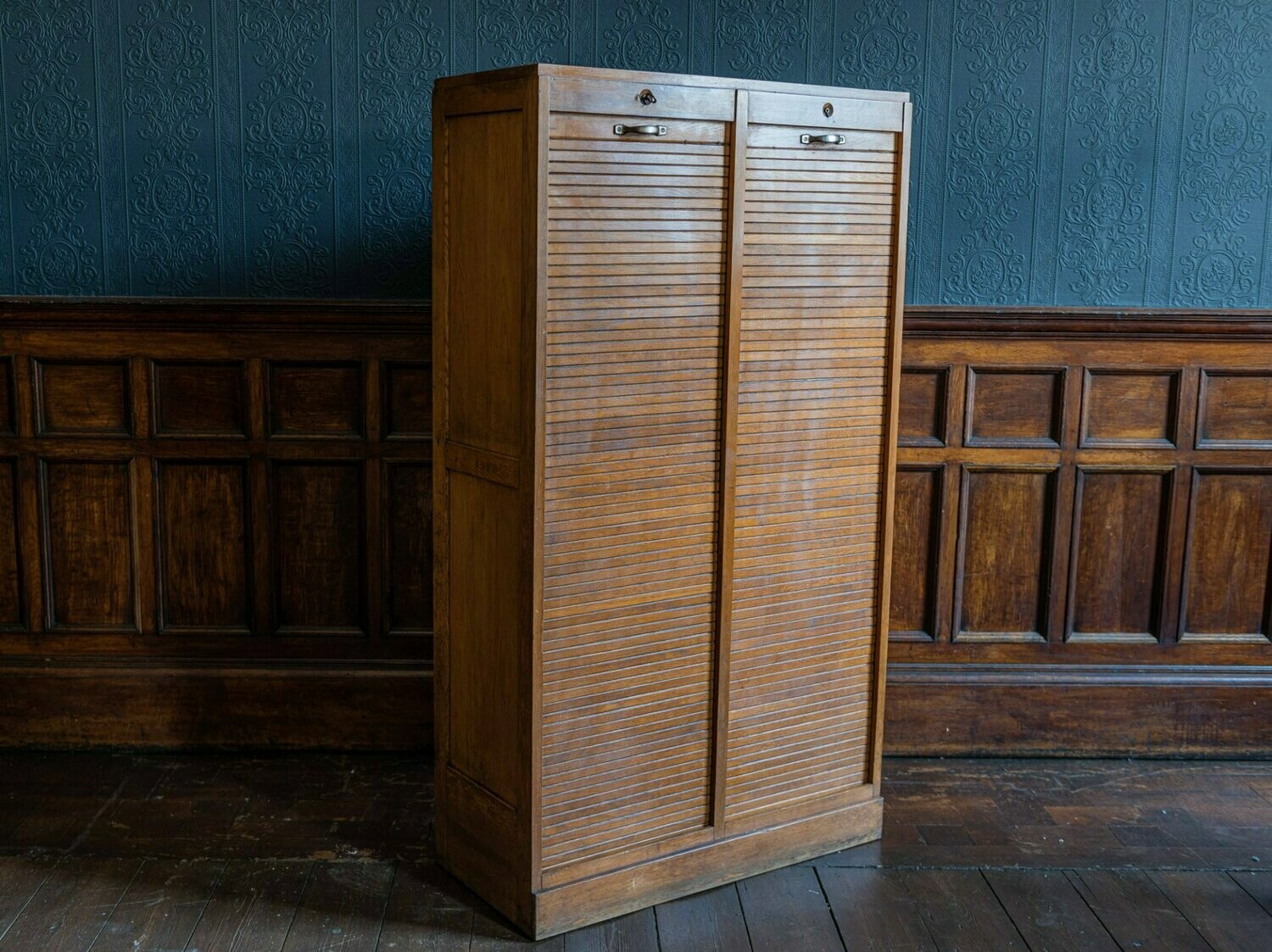 French Oak Double Tambour Cabinet. Early 20th.C