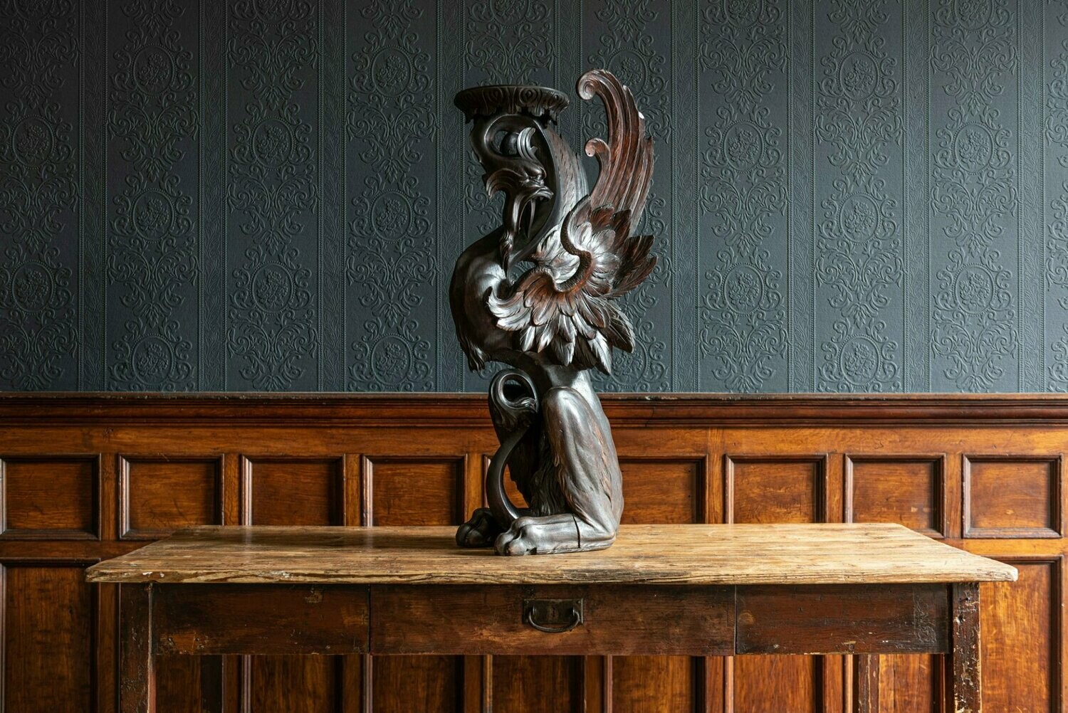 19thC Finely Carved Oak Pixiu Form Jardiniere Stand