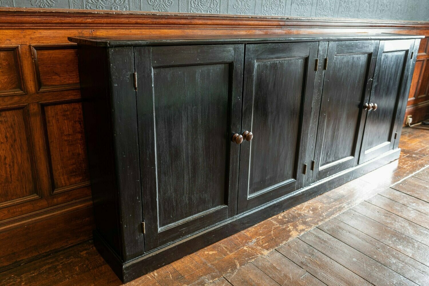 Early 20thC English Ebonized cupboard, bookcase, cabinet.
