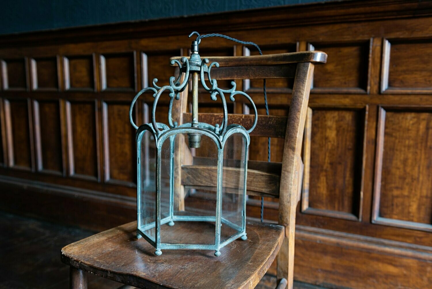 19thC Brass Verdigris Hexagonal Hall Lantern