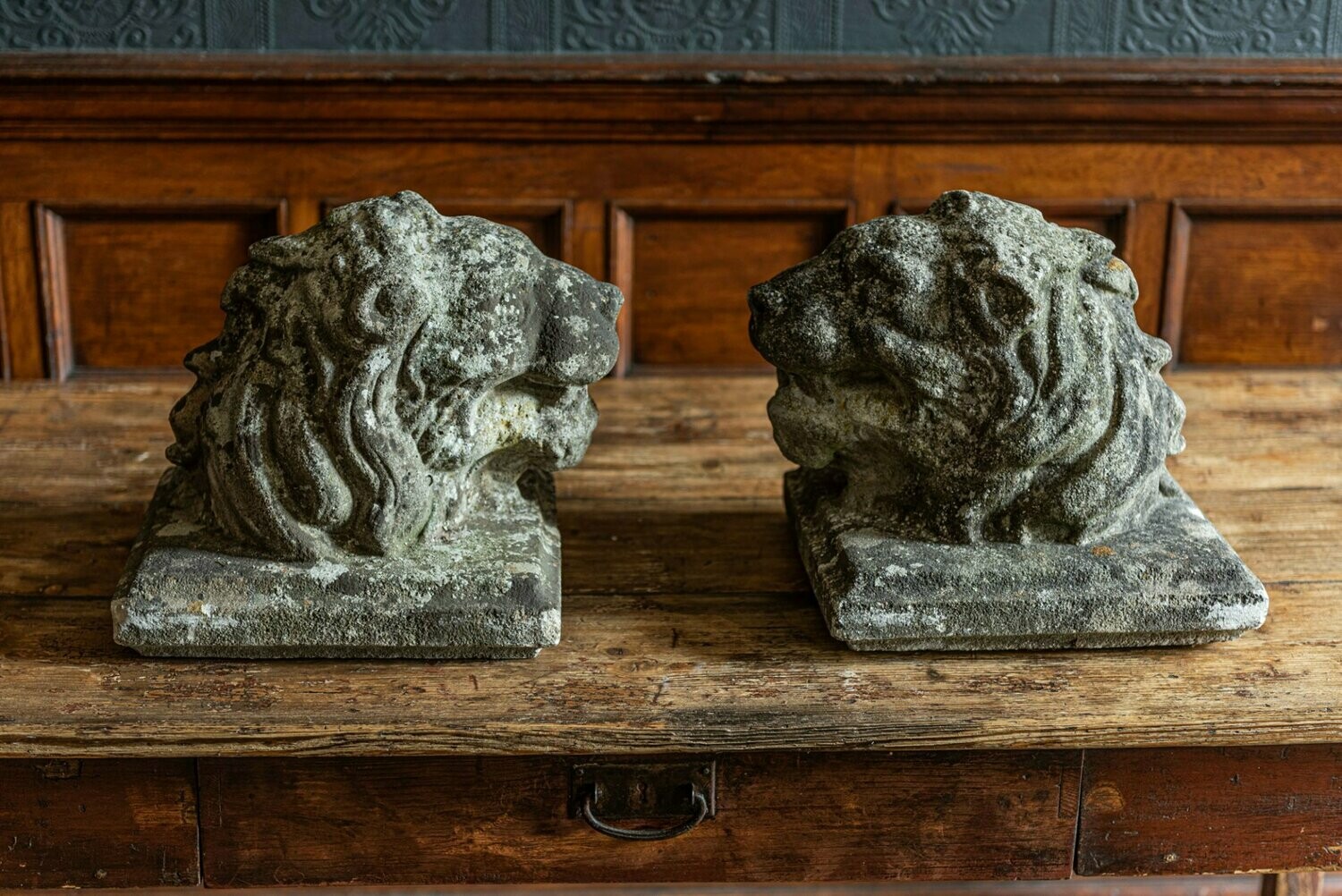 Pair of Cast Stone Lion Heads