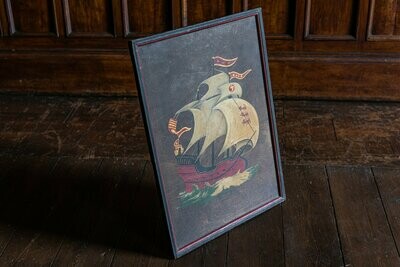 Naive Oil on Board English Galleon Ship Painting