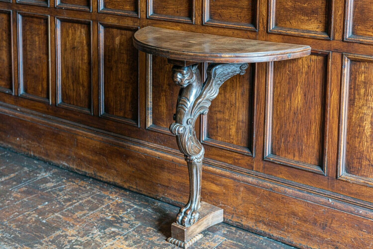 English Carved Winged Lion Demi Lune Console Table