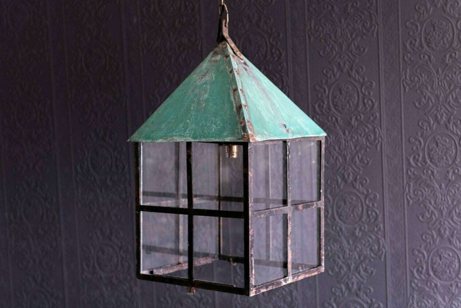 Large Arts & Crafts Form Verdigris Lantern