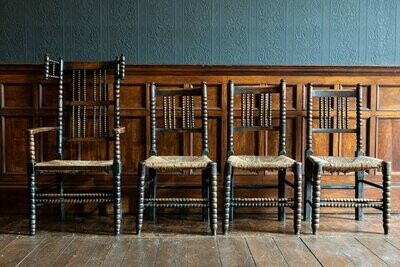Set of 4 19thC English Oak Ebonised Bobbin Chairs