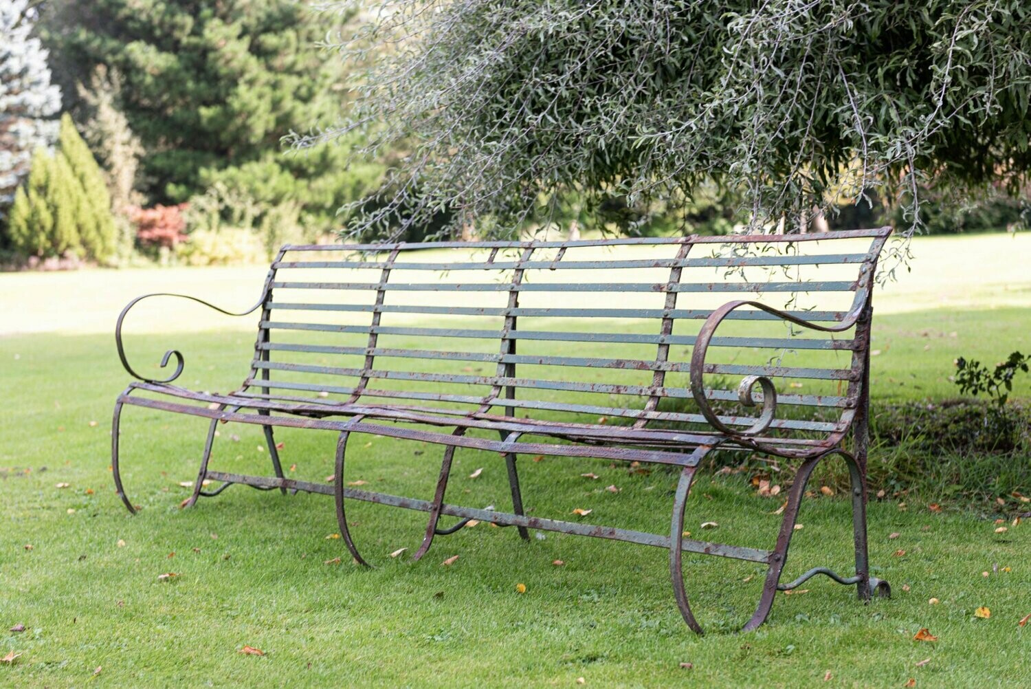 19thC English Oversized Wrought Iron Strapwork Garden Bench