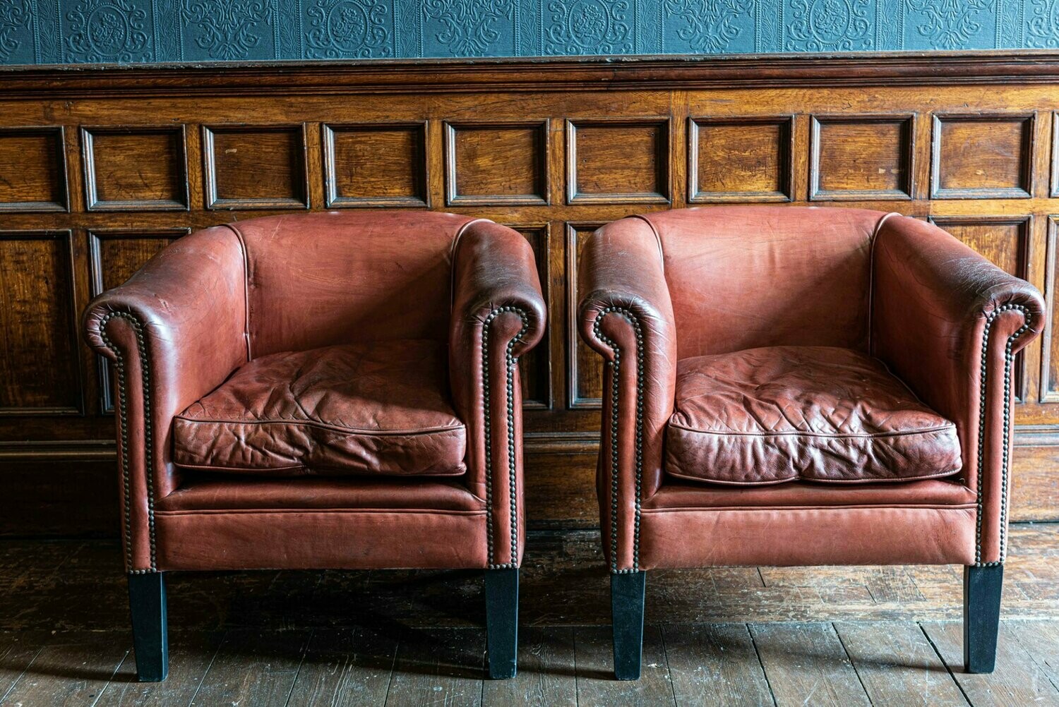Pair Mid Century Leather Tub Chairs