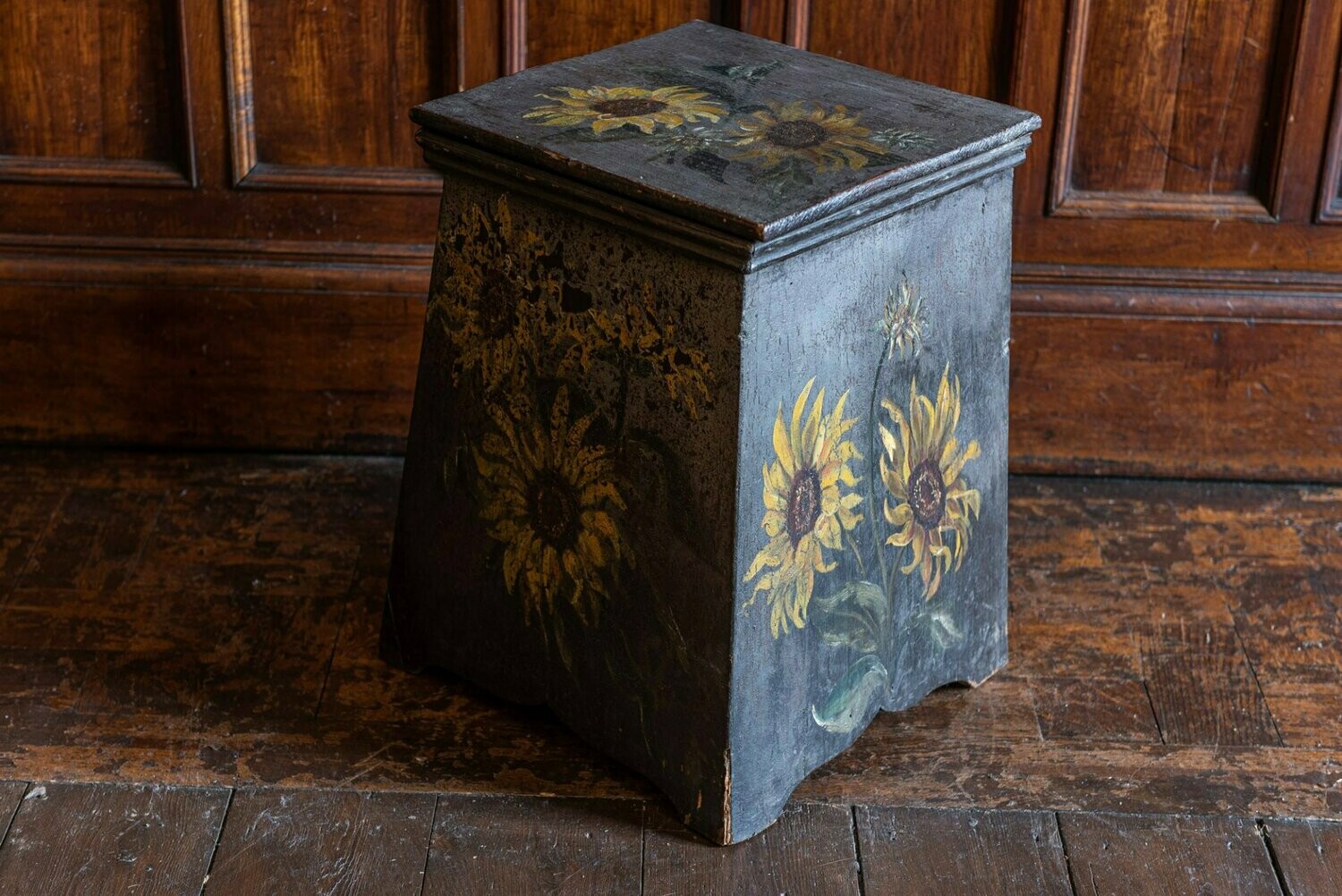 19thC French Painted Sunflowers Stool - End Table