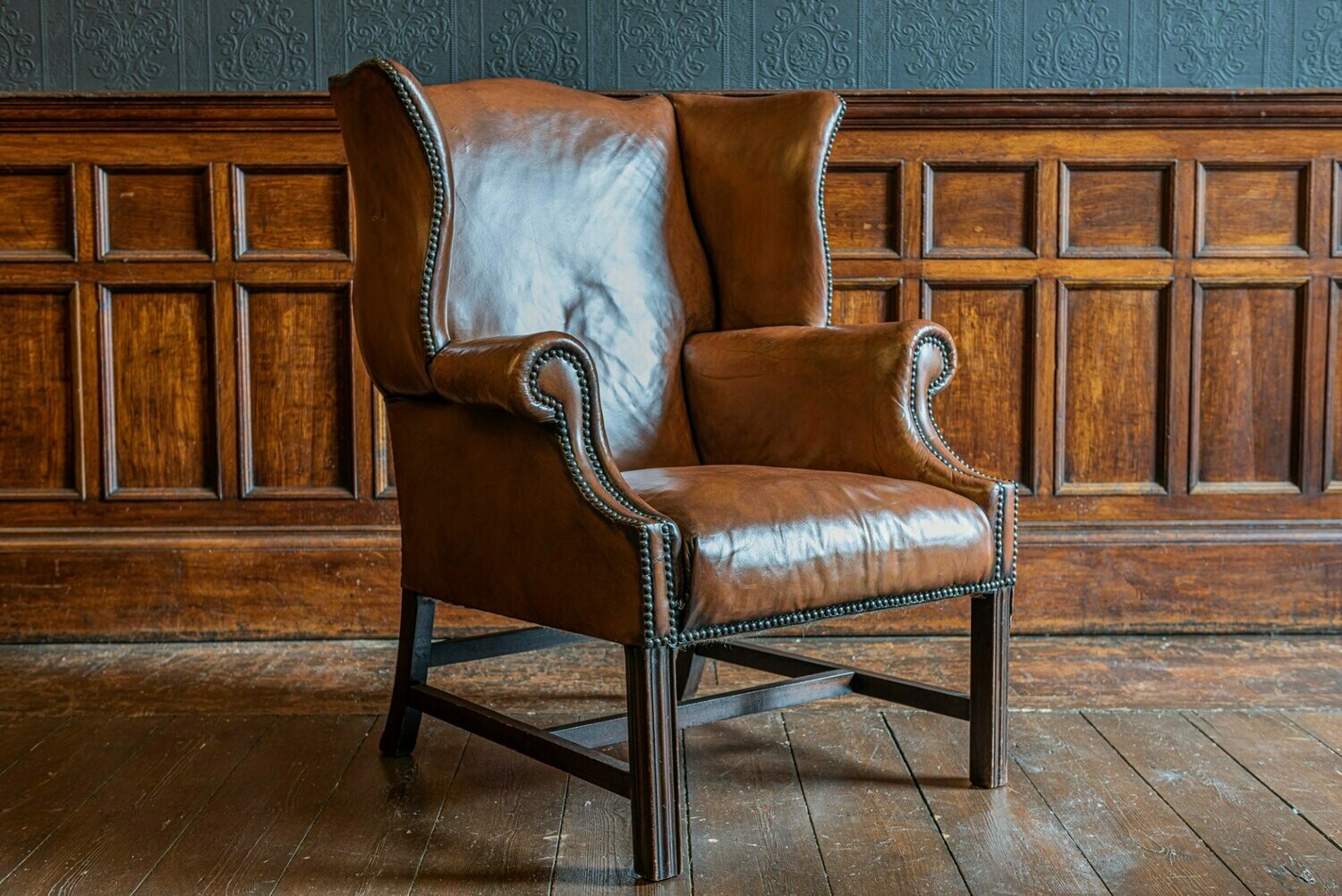 English Leather Wingback Armchair