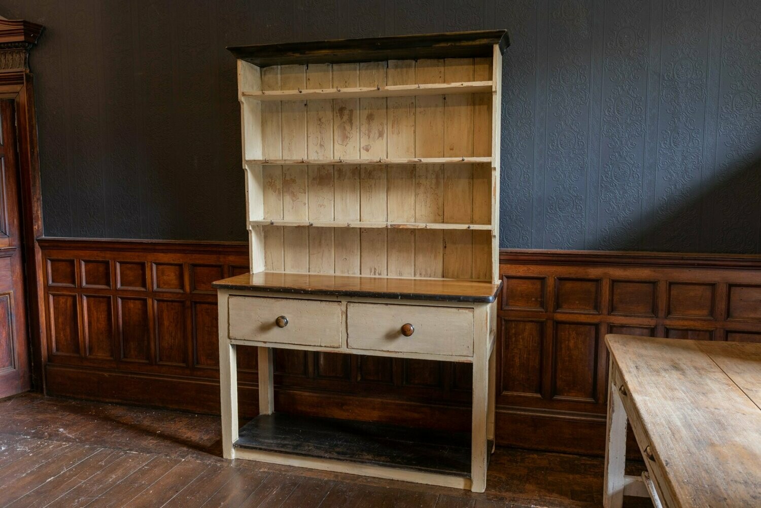 19thC English Painted Potboard Waterfall Dresser