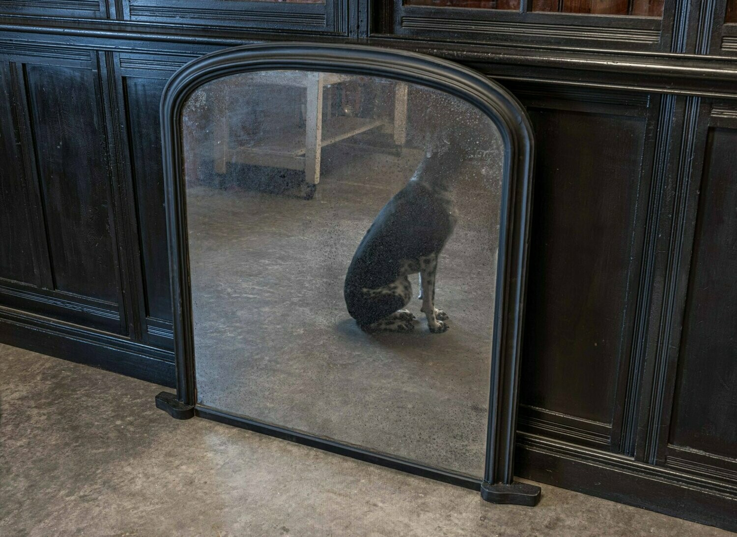 19thC-Ebonised Foxed Overmantle Mirror