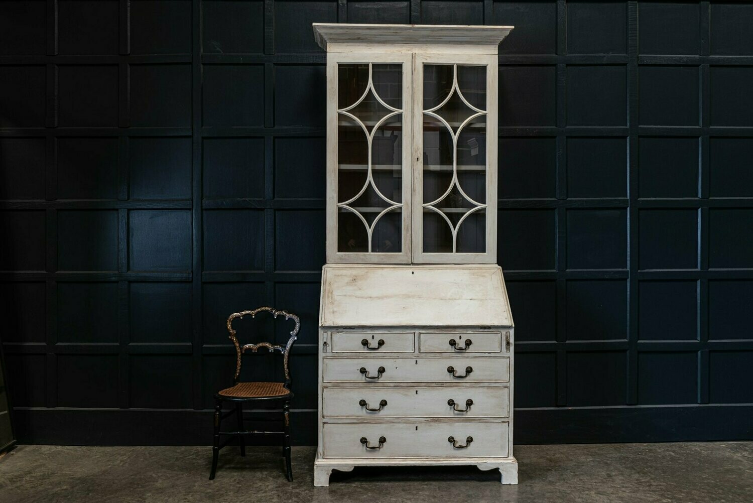 19thC English Painted Glazed Bookcase Bureau