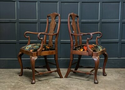 Pair 19thC Large Mahogany Carver Elbow Chairs Reupholstered