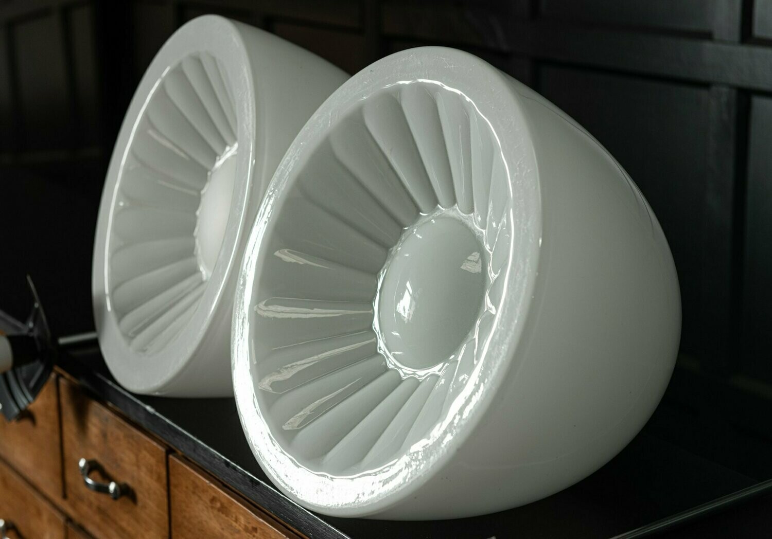 Pair Czech Opaline Glass Sunflower Pendant Lamps