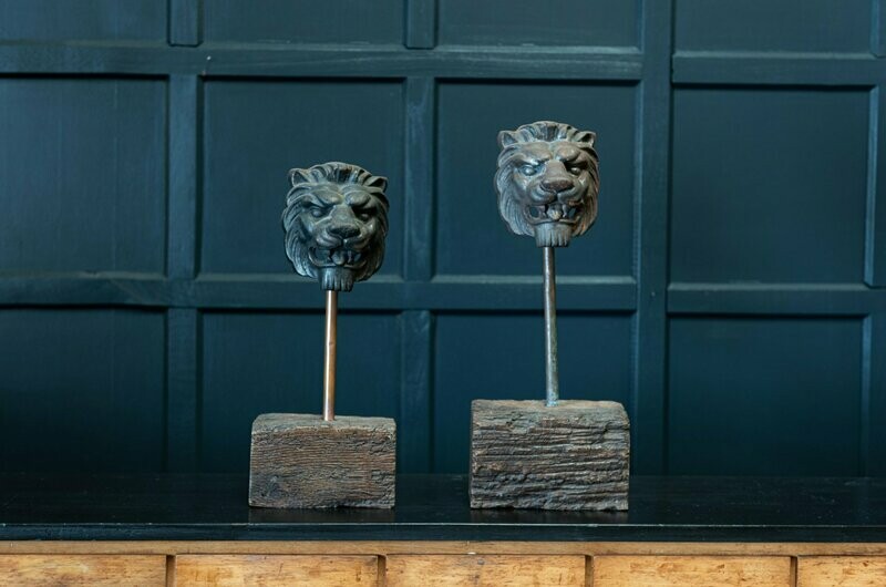 19thC Pair Cast Iron Mounted Lion Masks