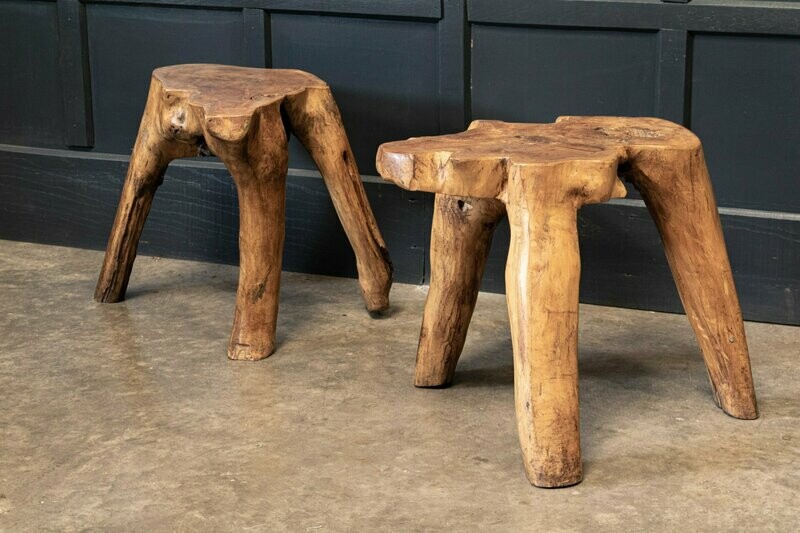 Pair Primitive Teak Root Side End Tables