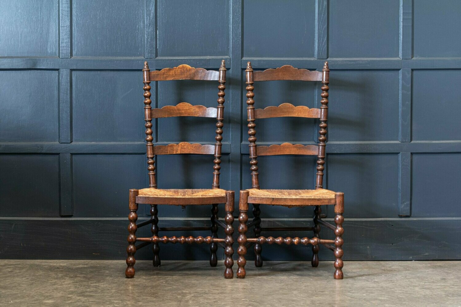 Pair French Oak Provincial Rush Bobbin Chairs